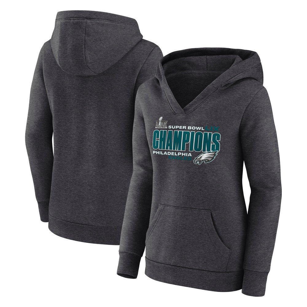 Women's Philadelphia Eagles  Heather Charcoal Super Bowl LIX Champions V-Neck Pullover Hoodie 