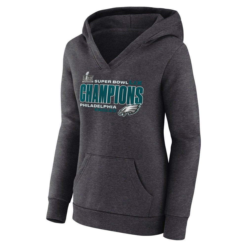 Women's Philadelphia Eagles  Heather Charcoal Super Bowl LIX Champions V-Neck Pullover Hoodie 