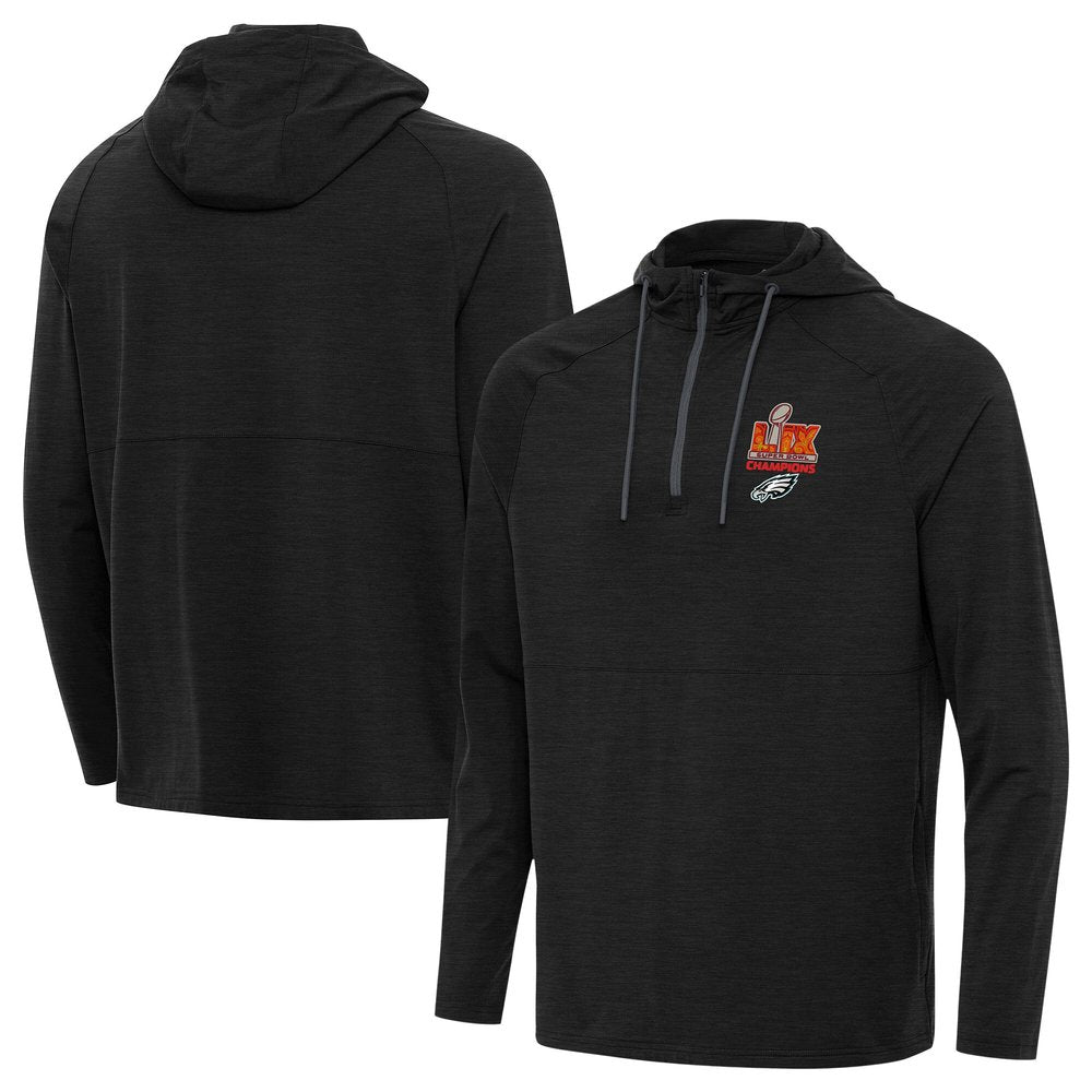 Men's Philadelphia Eagles Antigua Heather Black Super Bowl LIX Champions Spikes Quarter-Zip Hoodie 