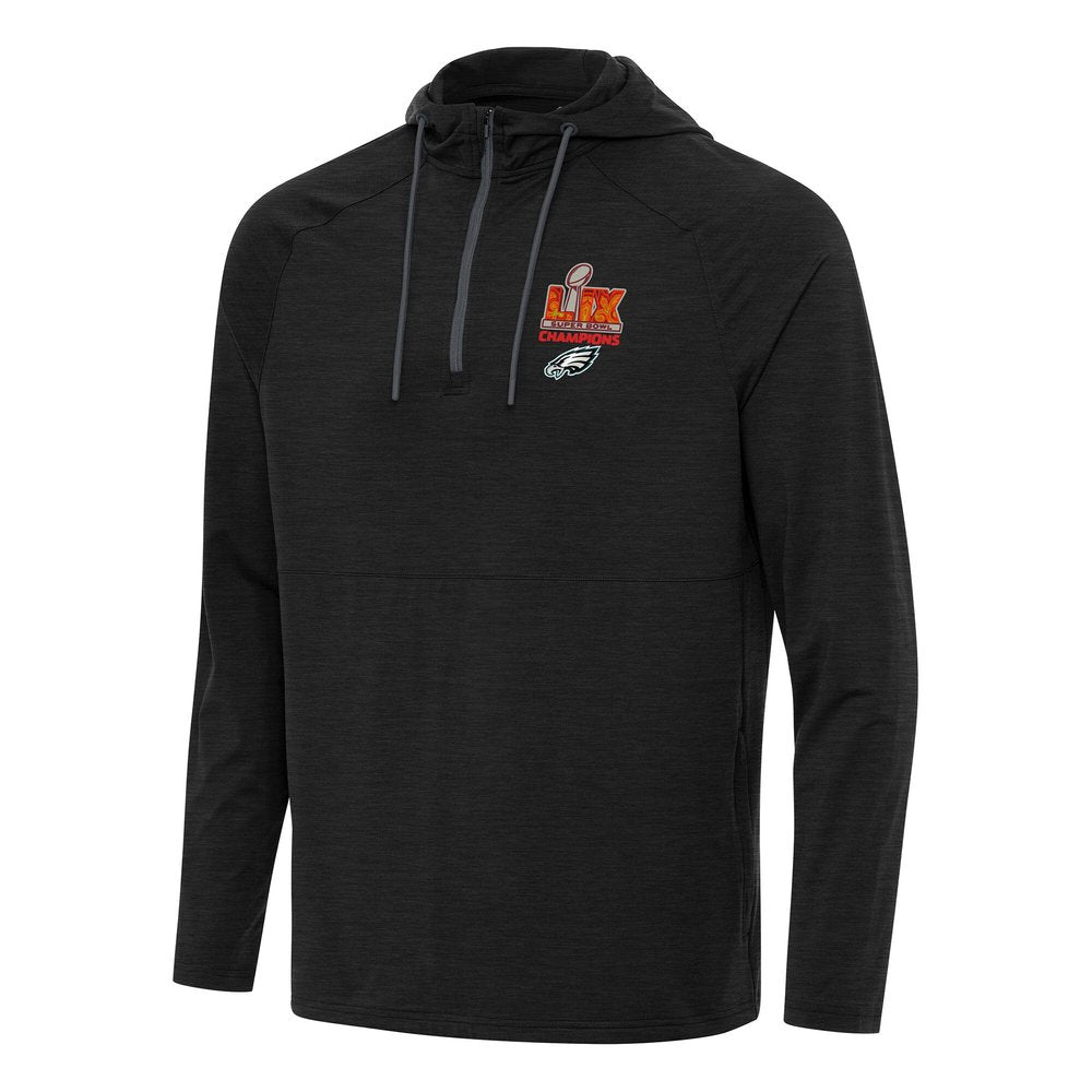 Men's Philadelphia Eagles Antigua Heather Black Super Bowl LIX Champions Spikes Quarter-Zip Hoodie 