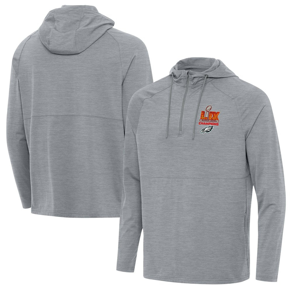 Men's Philadelphia Eagles Antigua Heather Gray Super Bowl LIX Champions Spikes Quarter-Zip Hoodie 