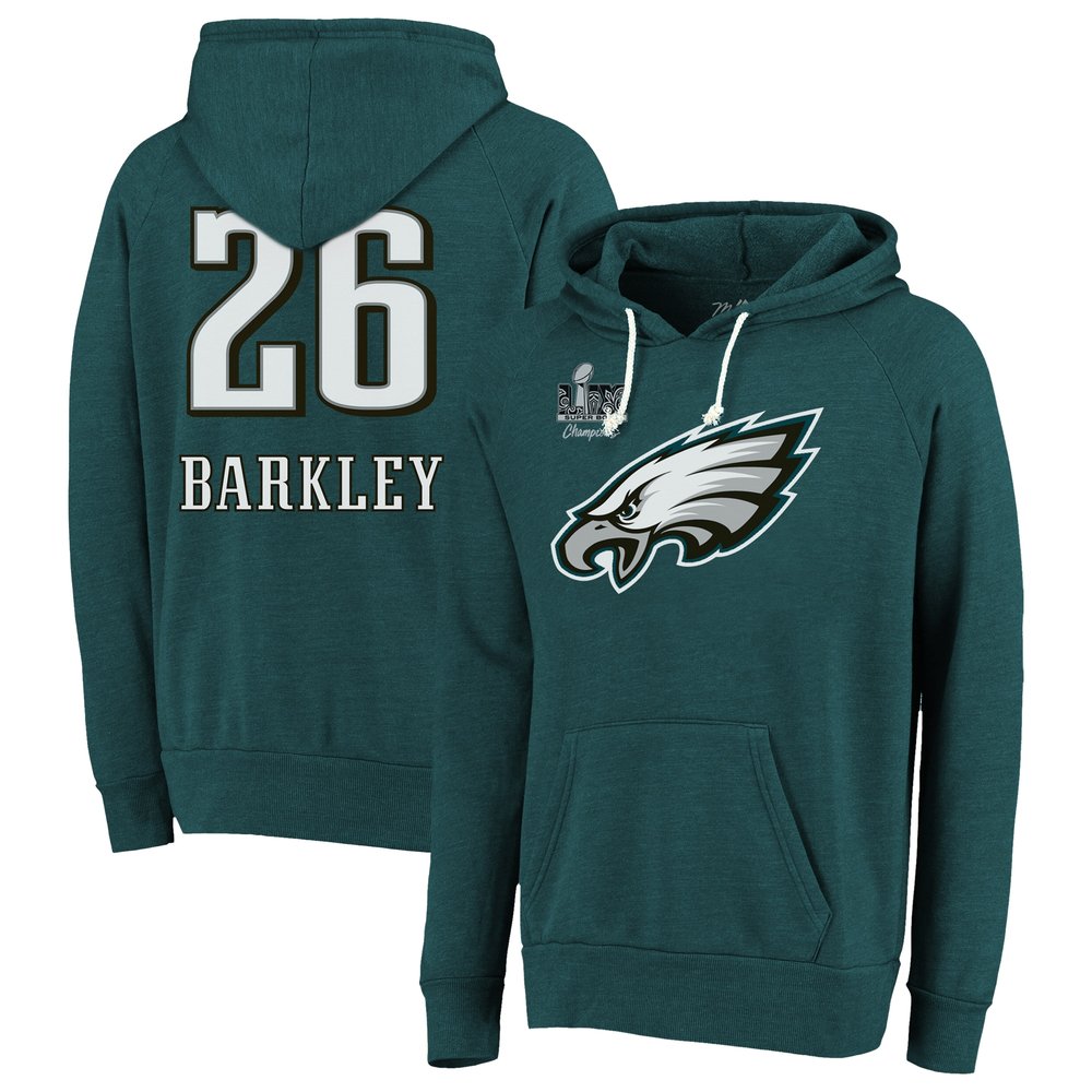 Men's Philadelphia Eagles Saquon Barkley Threads Midnight Green Super Bowl LIX Champions Name & Number Tri-Blend Pullover Hoodie 