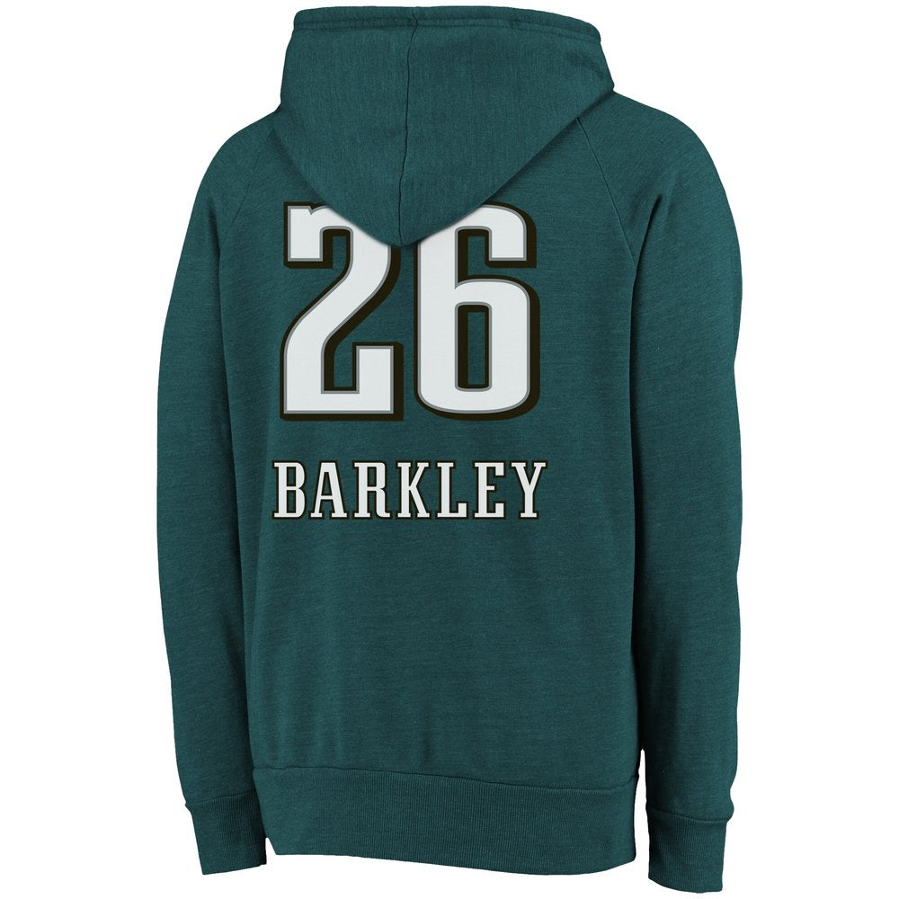 Men's Philadelphia Eagles Saquon Barkley Threads Midnight Green Super Bowl LIX Champions Name & Number Tri-Blend Pullover Hoodie 