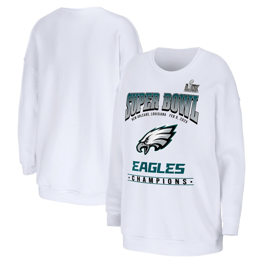 Women's Philadelphia Eagles WEAR by Erin Andrews White Super Bowl LIX Champions Fleece Pullover Sweatshirt 