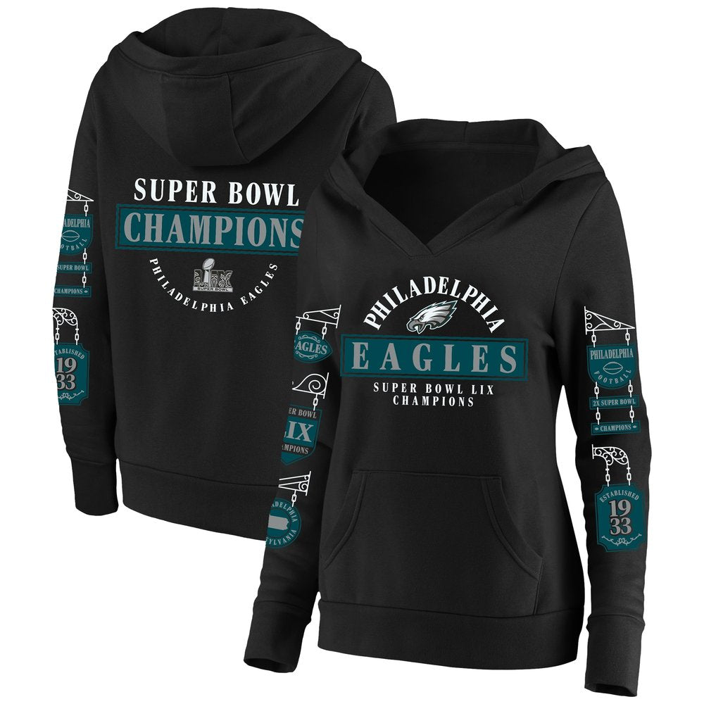 Women's Philadelphia Eagles  Black Super Bowl LIX Champions Plus Size Four Piece Notch Neck Pullover Hoodie 