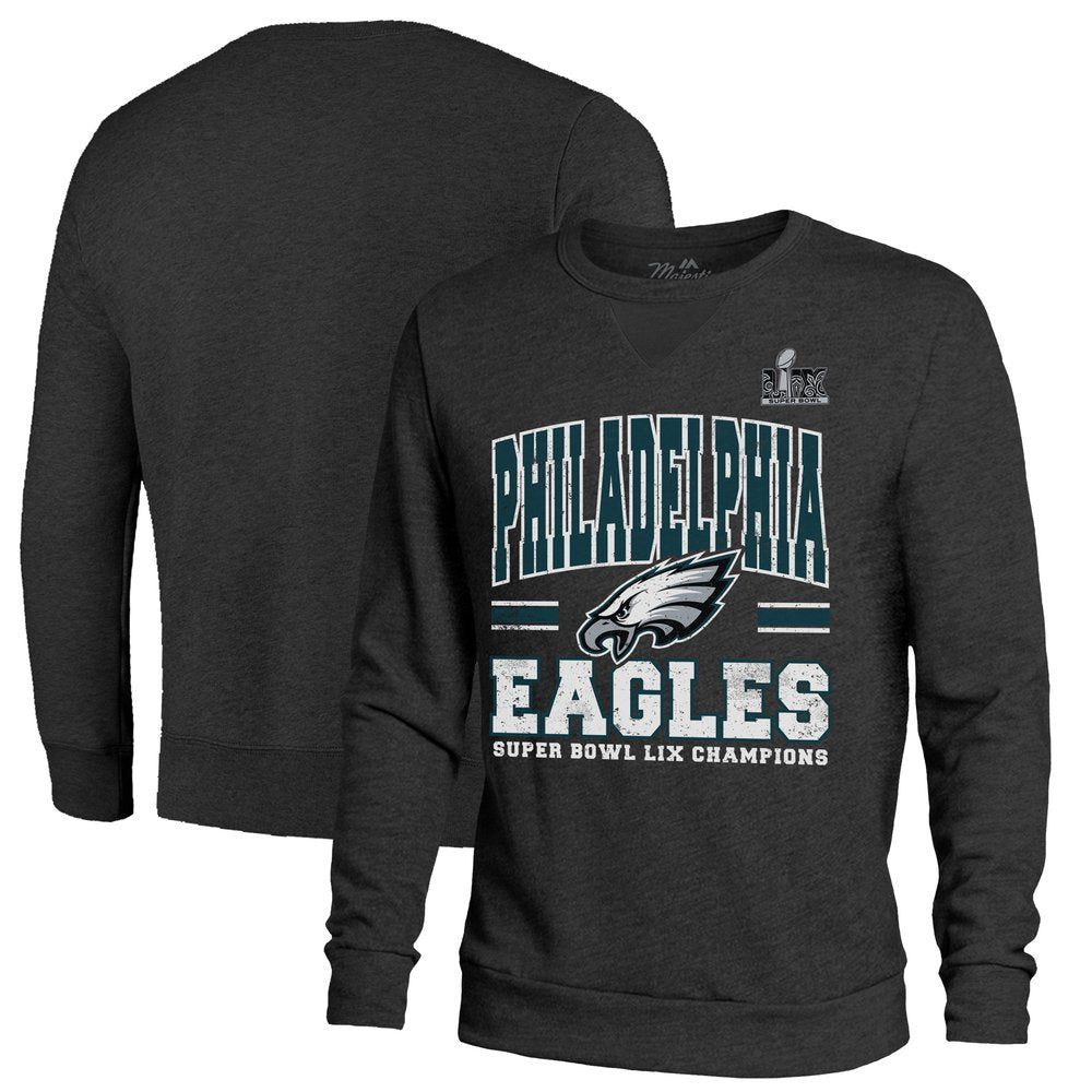 Men's Philadelphia Eagles Threads Black Super Bowl LIX Champions Big Chalk Stripe Tri-Blend Fleece Sweatshirt 