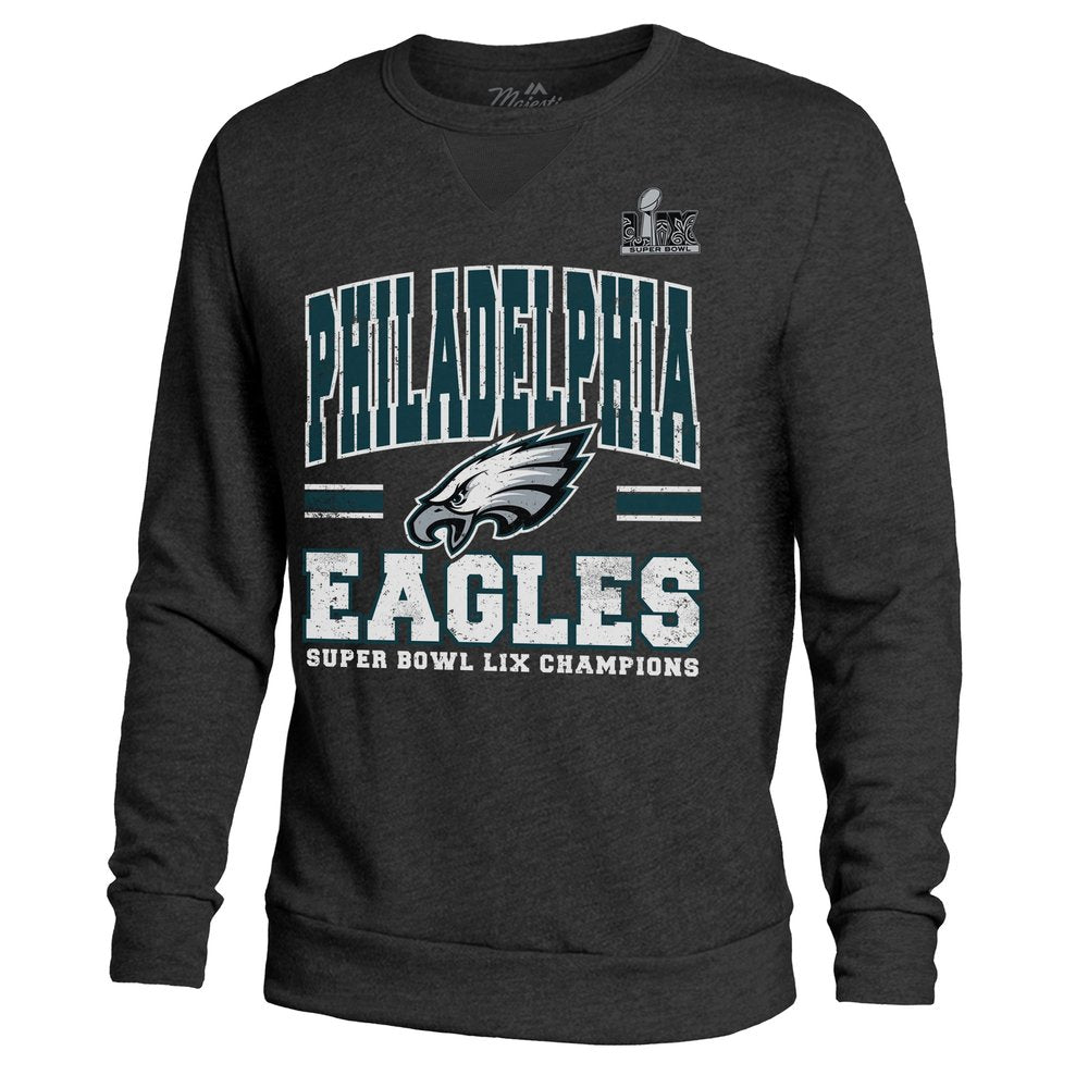 Men's Philadelphia Eagles Threads Black Super Bowl LIX Champions Big Chalk Stripe Tri-Blend Fleece Sweatshirt 