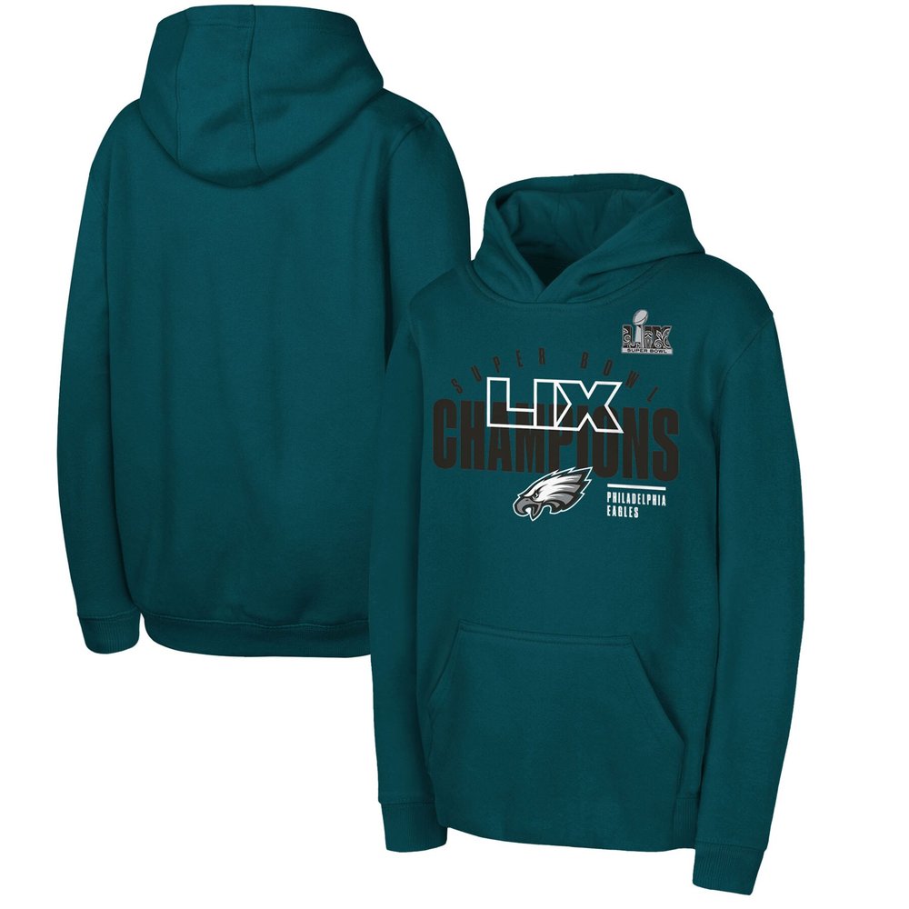 Youth Philadelphia Eagles  Midnight Green Super Bowl LIX Champions Iconic Victory Pullover Hoodie 