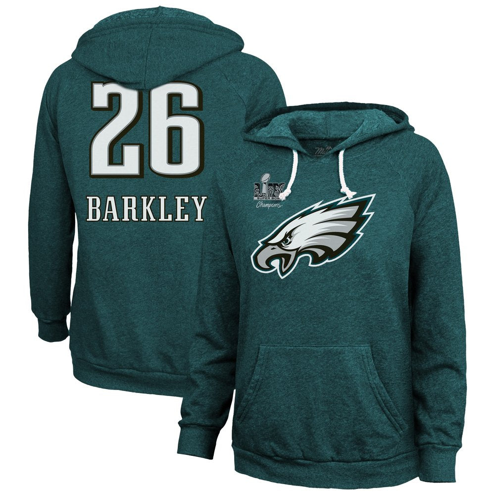 Women's Philadelphia Eagles Saquon Barkley Threads Midnight Green Super Bowl LIX Champions Name & Number Tri-Blend Pullover Hoodie 