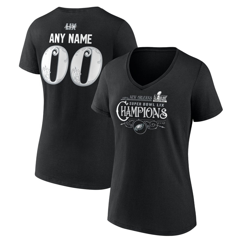 Women's Philadelphia Eagles Black Super Bowl LIX Champions Custom Name & Number V-Neck T-Shirt 