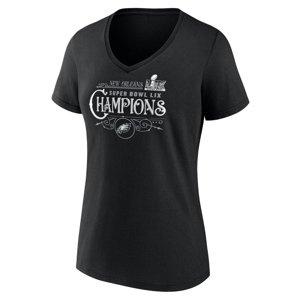 Women's Philadelphia Eagles Black Super Bowl LIX Champions Custom Name & Number V-Neck T-Shirt 