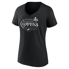 Women's Philadelphia Eagles Black Super Bowl LIX Champions Custom Name & Number V-Neck T-Shirt 