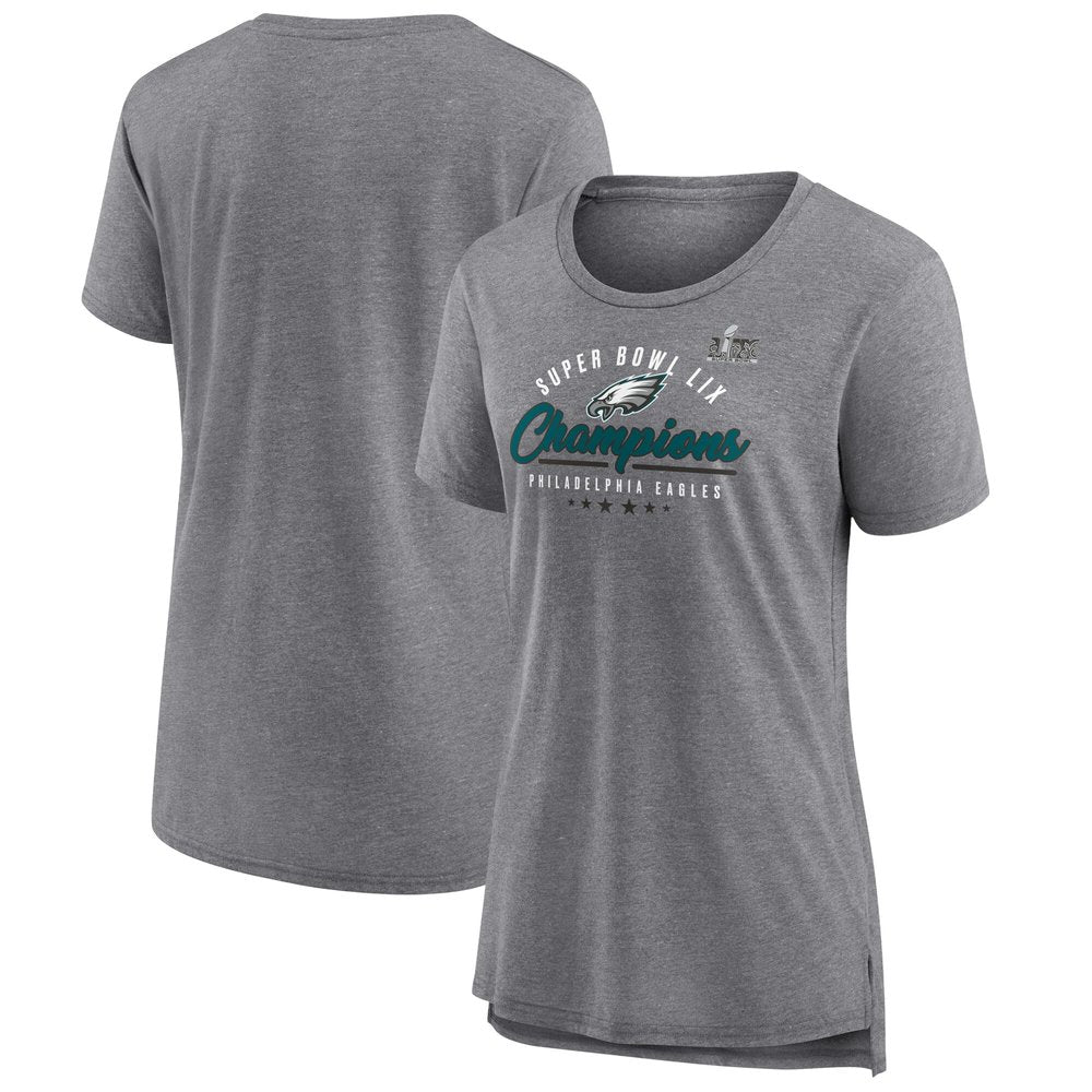 Women's Philadelphia Eagles  Heather Gray Super Bowl LIX Champions Prestigious Run Tri-Blend Scoop Neck T-Shirt 