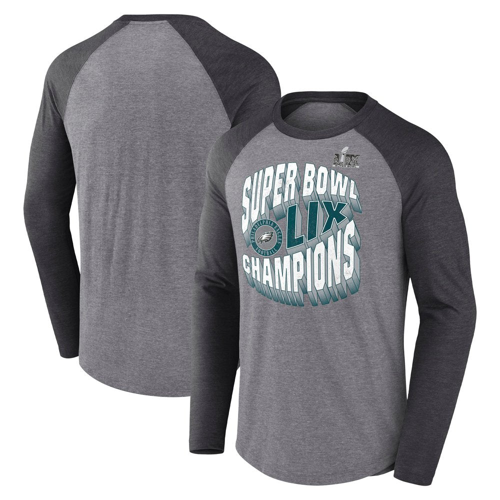 Men's Philadelphia Eagles Heather Gray Super Bowl LIX Champions Historic Win 3/4-Sleeve Raglan Tri-Blend T-Shirt 