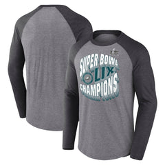 Men's Philadelphia Eagles Heather Gray Super Bowl LIX Champions Historic Win 3/4-Sleeve Raglan Tri-Blend T-Shirt 