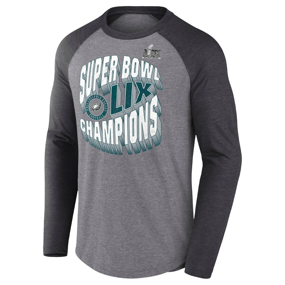 Men's Philadelphia Eagles Heather Gray Super Bowl LIX Champions Historic Win 3/4-Sleeve Raglan Tri-Blend T-Shirt 