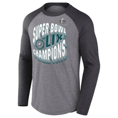 Men's Philadelphia Eagles Heather Gray Super Bowl LIX Champions Historic Win 3/4-Sleeve Raglan Tri-Blend T-Shirt 