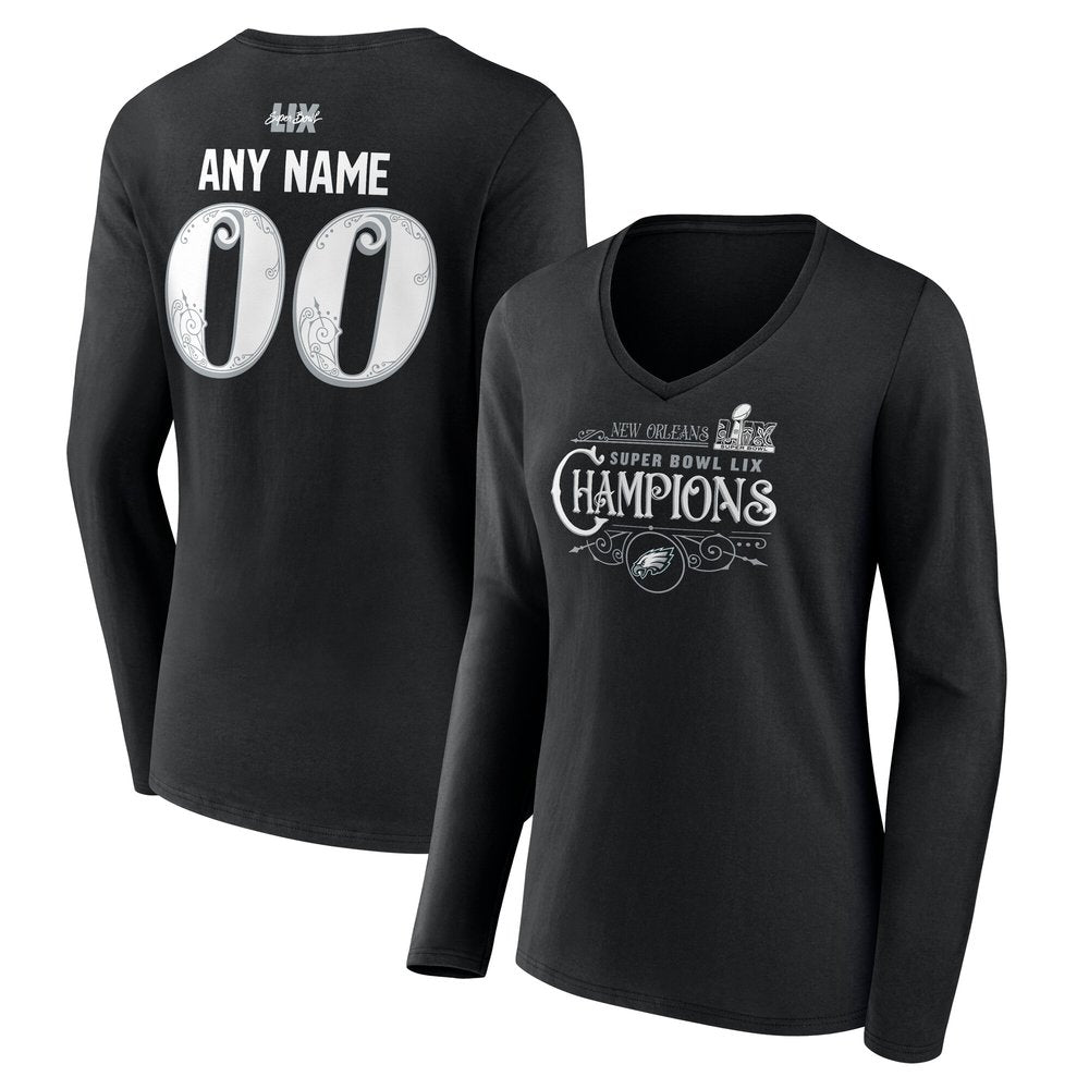 Women's Philadelphia Eagles Black Super Bowl LIX Champions Custom Name & Number Long Sleeve V-Neck T-Shirt 