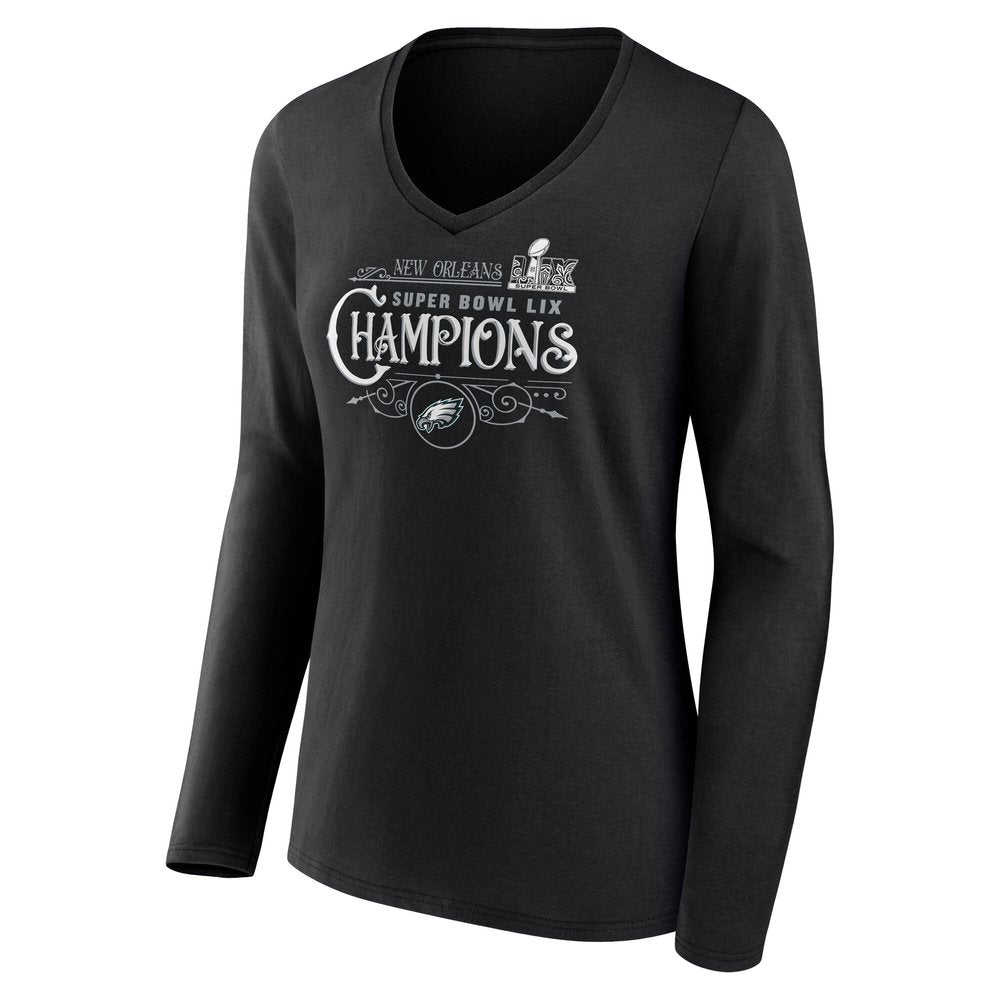 Women's Philadelphia Eagles Black Super Bowl LIX Champions Custom Name & Number Long Sleeve V-Neck T-Shirt 