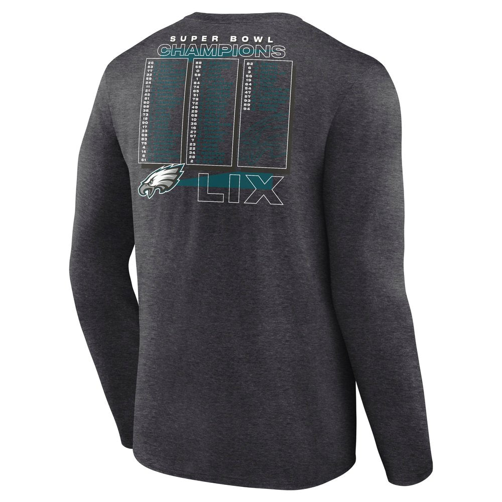 Men's Philadelphia Eagles Heather Charcoal Super Bowl LIX Champions Roster Long Sleeve T-Shirt 