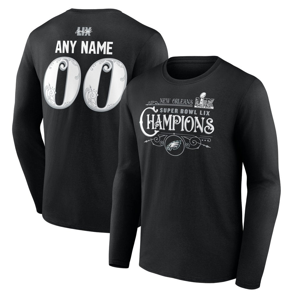 Men's Philadelphia Eagles Black Super Bowl LIX Champions Custom Name & Number Long Sleeve T-Shirt 