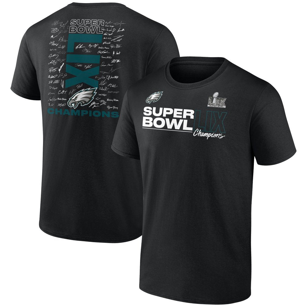 Men's Philadelphia Eagles Black Super Bowl LIX Champions Big & Tall Roster Autograph Signing T-Shirt 