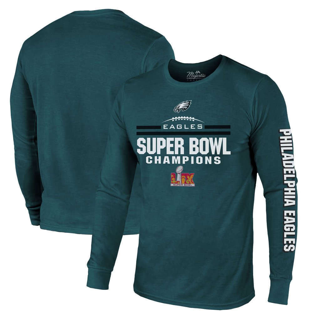 Men's Philadelphia Eagles Threads Midnight Green Super Bowl LIX Champions Goal Line Stand Long Sleeve Tri-Blend T-Shirt 