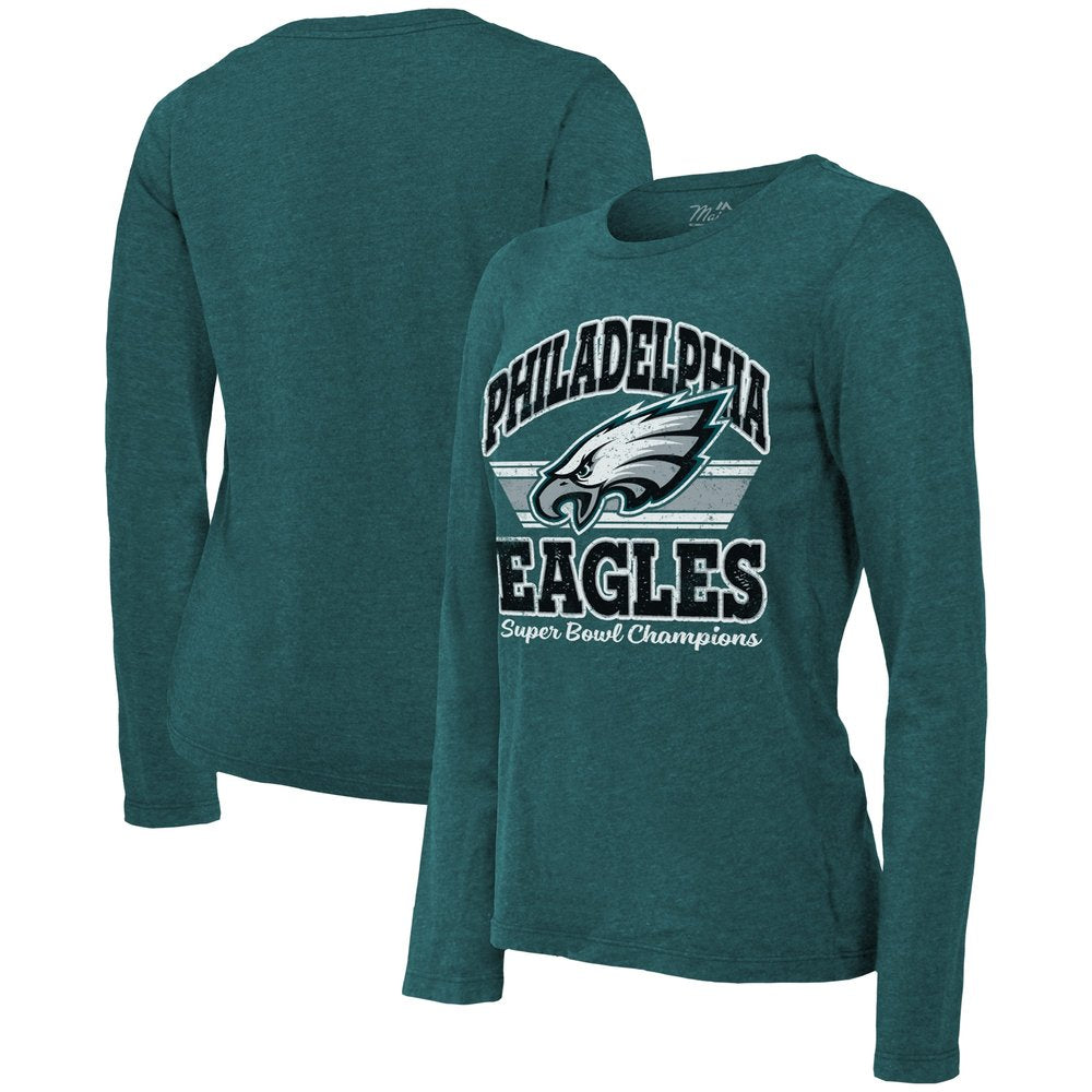 Women's Philadelphia Eagles  Threads Midnight Green Super Bowl LIX Champions Coffin Corner Boyfriend Long Sleeve Tri-Blend T-Shirt 