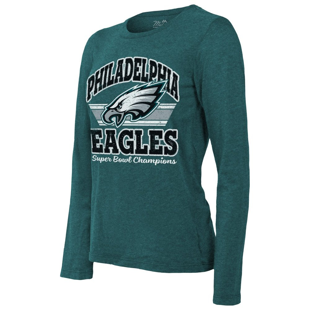 Women's Philadelphia Eagles  Threads Midnight Green Super Bowl LIX Champions Coffin Corner Boyfriend Long Sleeve Tri-Blend T-Shirt 