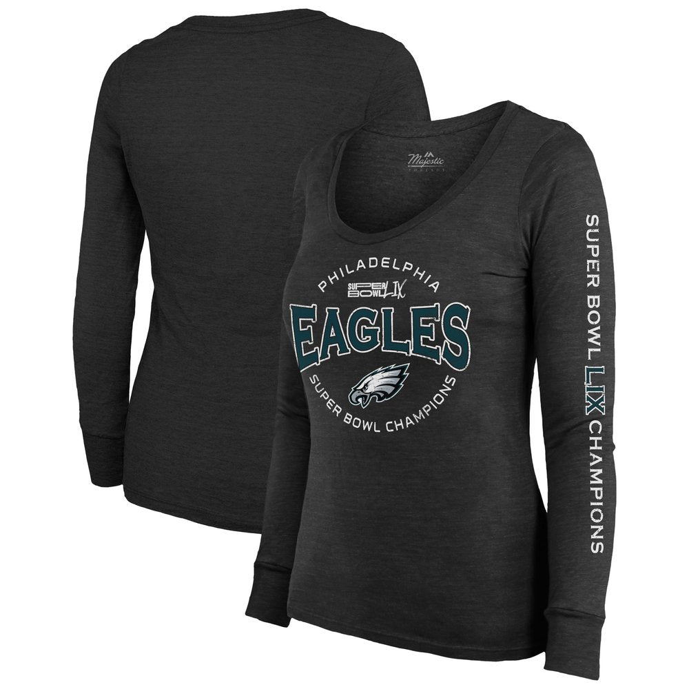 Women's Philadelphia Eagles  Threads Black Super Bowl LIX Champions Highlight Tri-Blend Scoop Neck Long Sleeve T-Shirt 