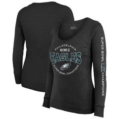 Women's Philadelphia Eagles  Threads Black Super Bowl LIX Champions Highlight Tri-Blend Scoop Neck Long Sleeve T-Shirt 