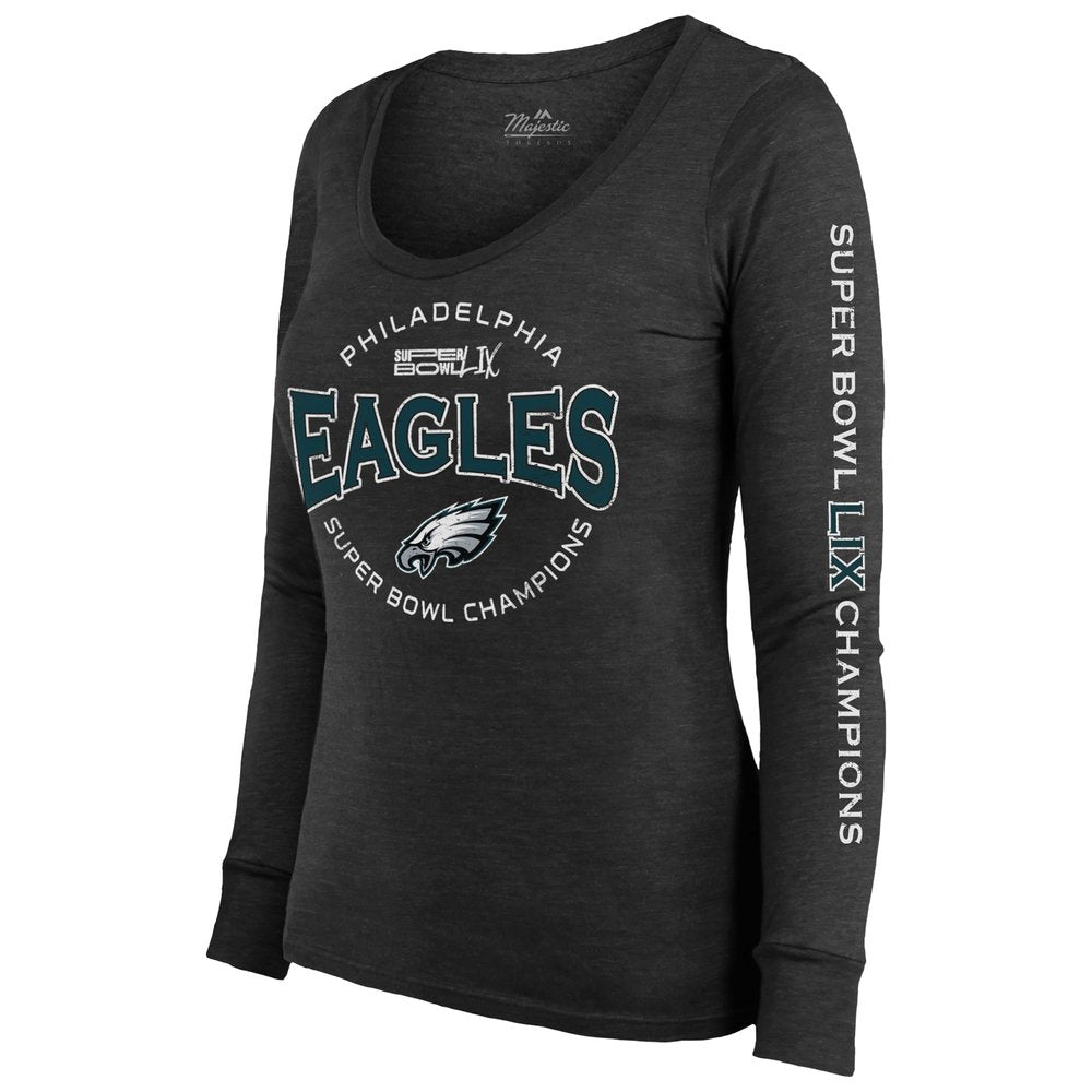 Women's Philadelphia Eagles  Threads Black Super Bowl LIX Champions Highlight Tri-Blend Scoop Neck Long Sleeve T-Shirt 