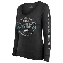 Women's Philadelphia Eagles  Threads Black Super Bowl LIX Champions Highlight Tri-Blend Scoop Neck Long Sleeve T-Shirt 