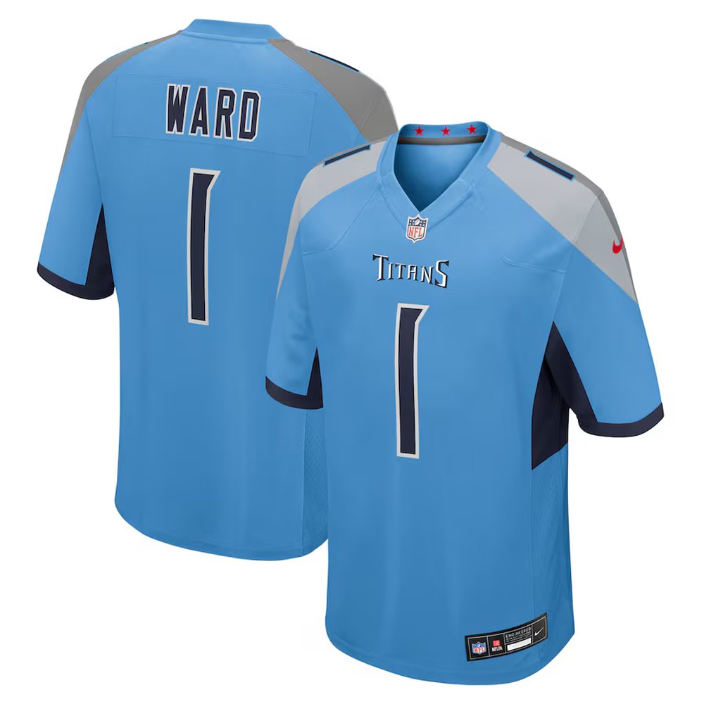 Men's Tennessee Titans #1 Cameron Ward Light Blue 2025 NFL Draft First Round Pick No. 1 Game Jersey 
