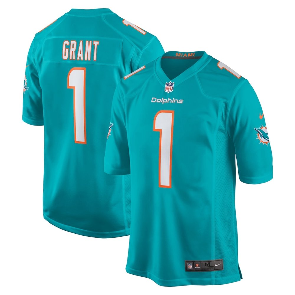 Men's Miami Dolphins #1 Kenneth Grant Aqua 2025 NFL Draft First Round Pick Game Jersey 
