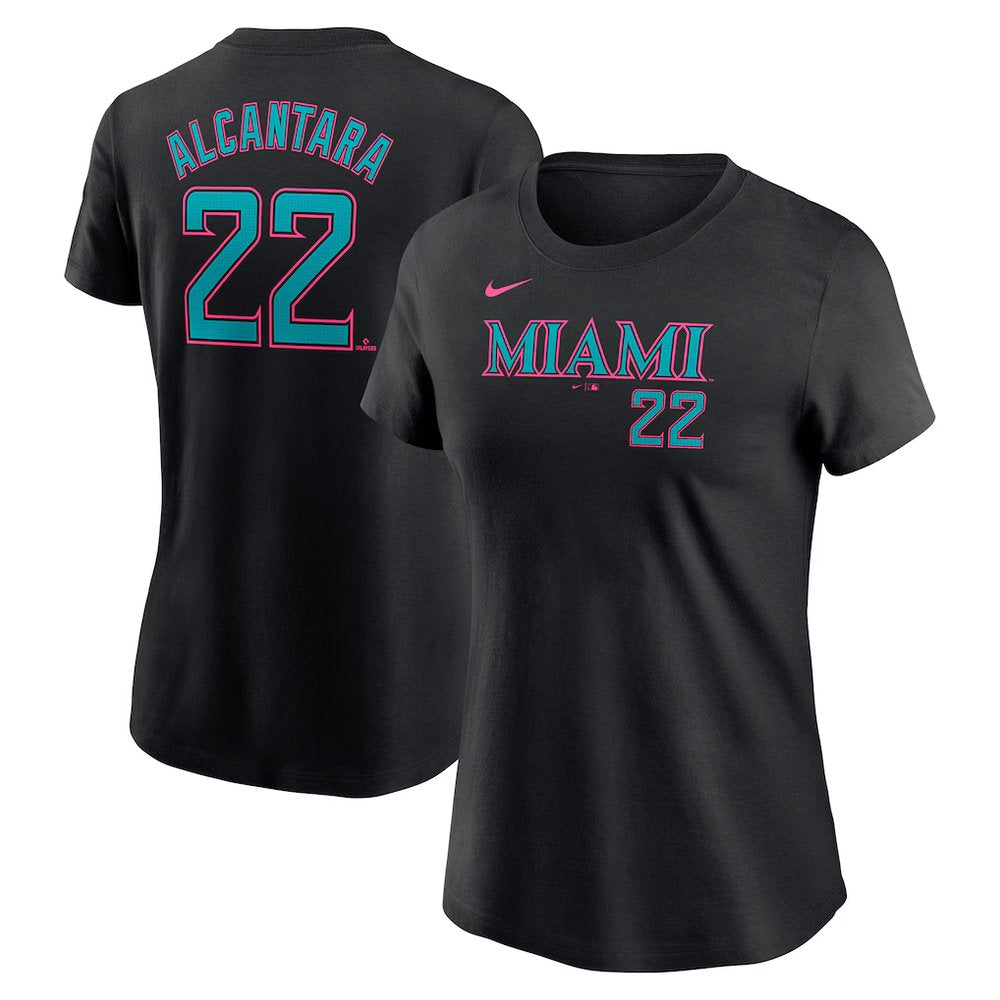 Women's Miami Marlins #22 Sandy Alcantara Black 2025 City Connect Fuse Name & Number T-Shirt