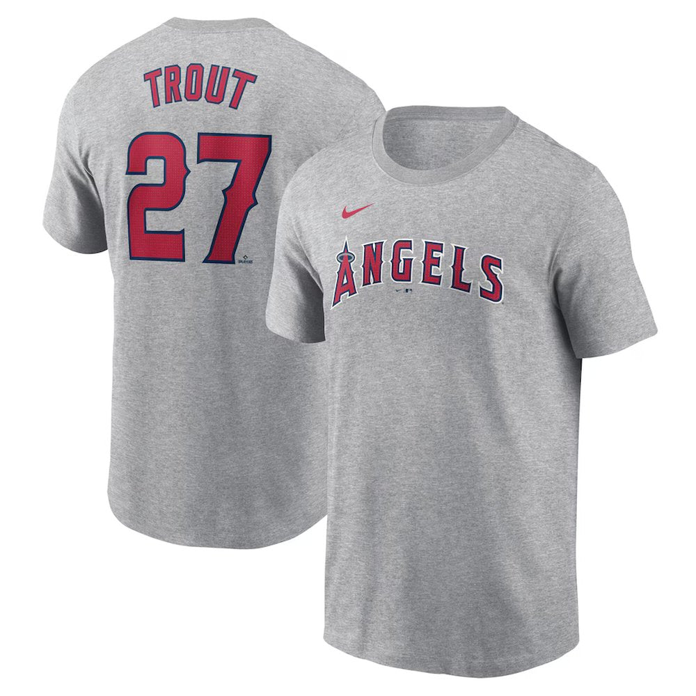 Men's Los Angeles Angels #27 Mike Trout Gray Fuse Name & Number T-Shirt