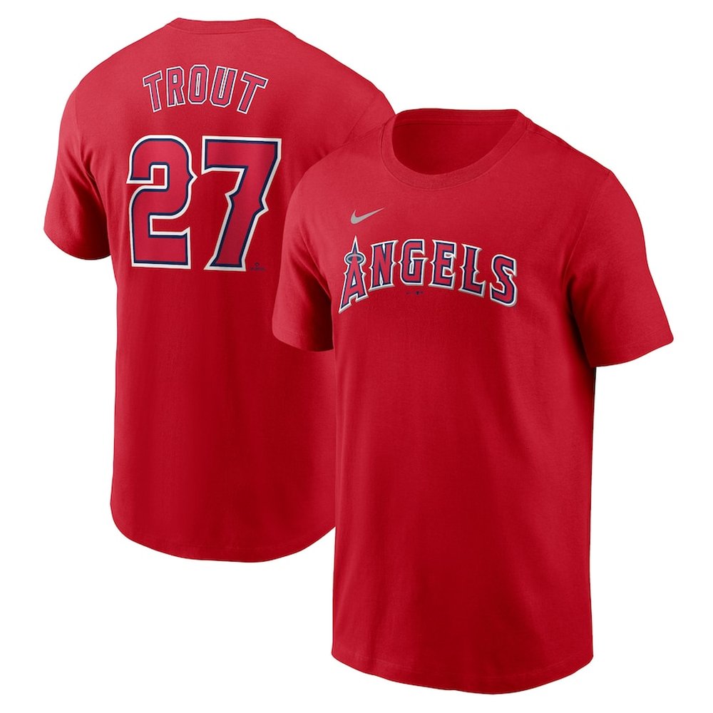 Men's Los Angeles Angels #27 Mike Trout Red Fuse Name & Number T-Shirt