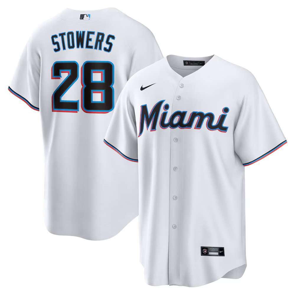 Men's Miami Marlins #28 Kyle Stowers White Home Replica Jersey