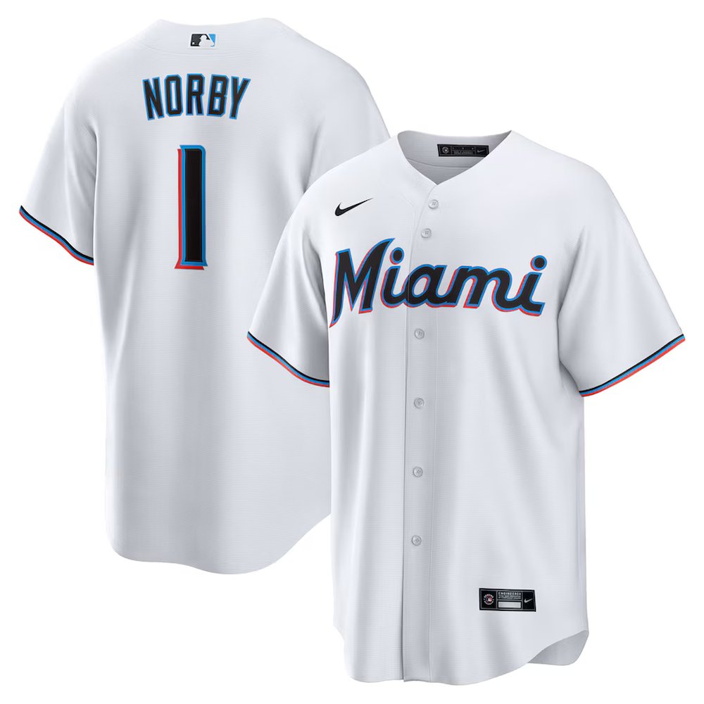 Men's Miami Marlins #1 Connor Norby White Home Replica Jersey