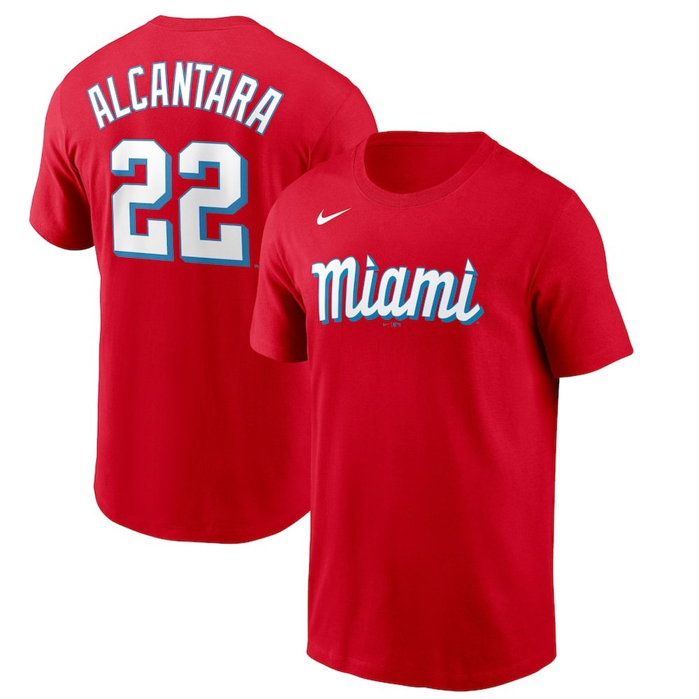 Men's Miami Marlins #22 Sandy Alcantara Red 2021 City Connect Name & Number T-Shirt