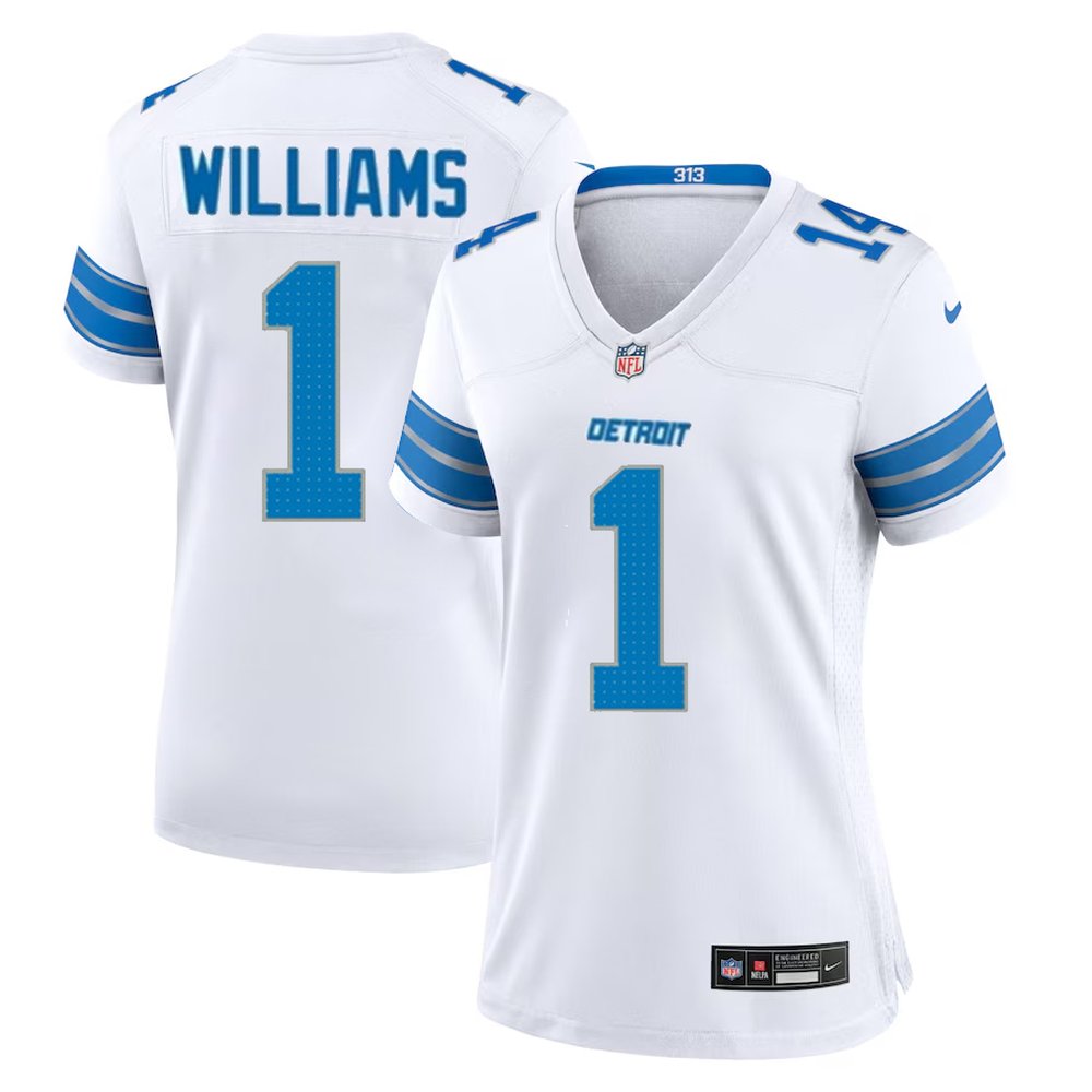 Women's Detroit Lions #1 Jameson Williams White 2025 F.U.S.E. Vapor Limited Stitched Jersey 