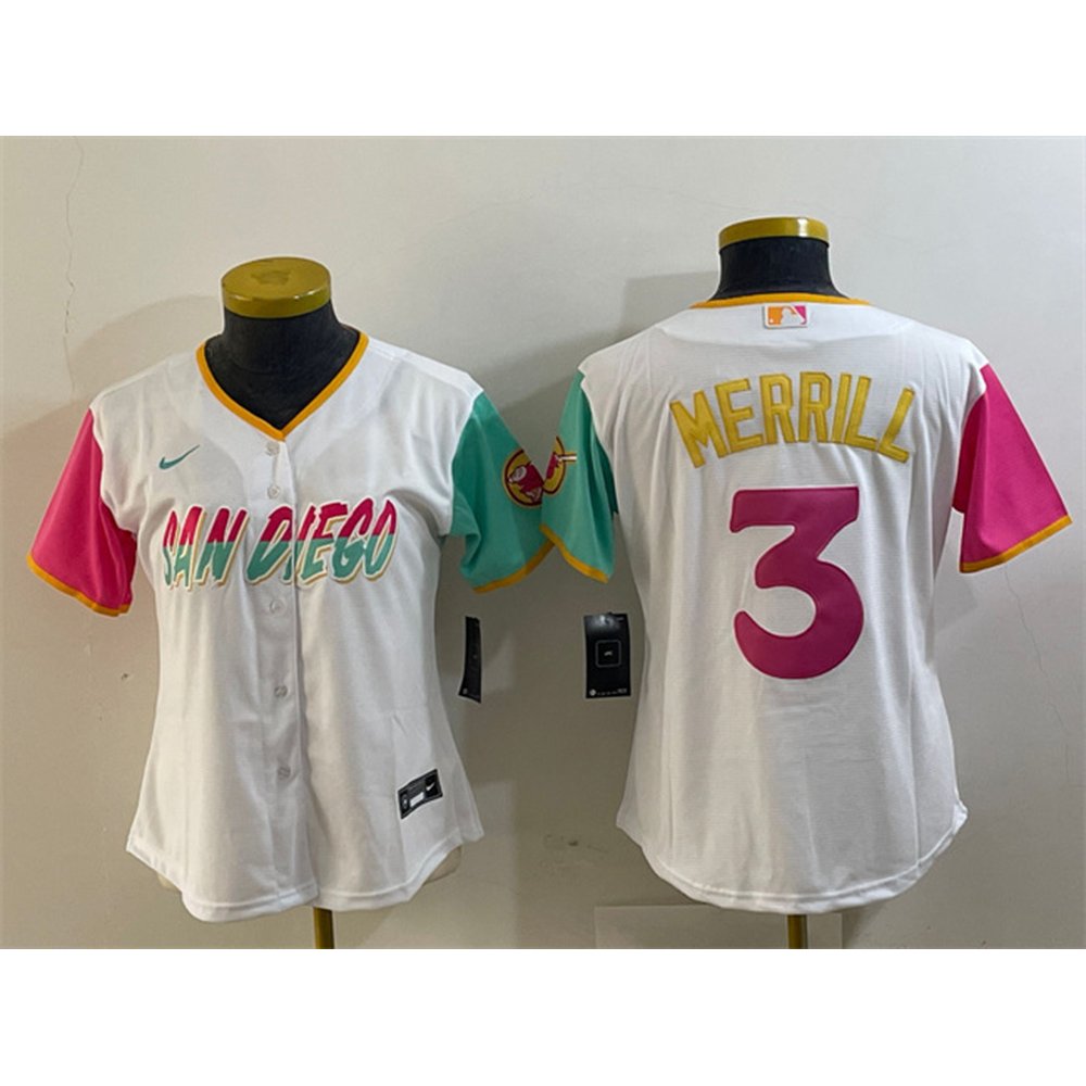 Women's San Diego Padres #3 Jackson Merrill White City Connect Stitched Baseball Jersey(Run Small)