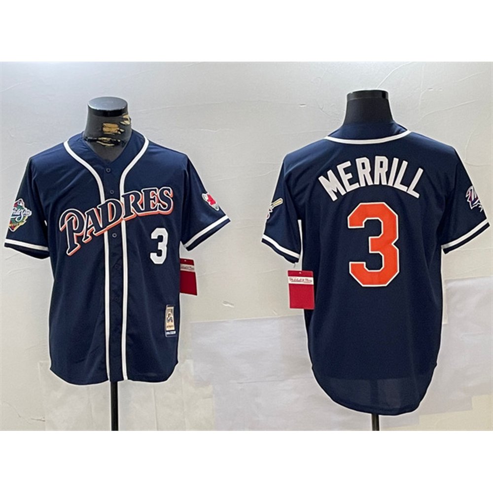 Men's San Diego Padres #3 Jackson Merrill Navy 1998 World Series Cool Base Stitched Baseball Jersey
