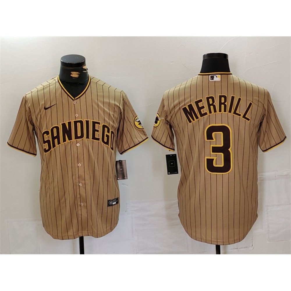 Men's San Diego Padres #3 Jackson Merrill Tan Cool Base Stitched Baseball Jersey