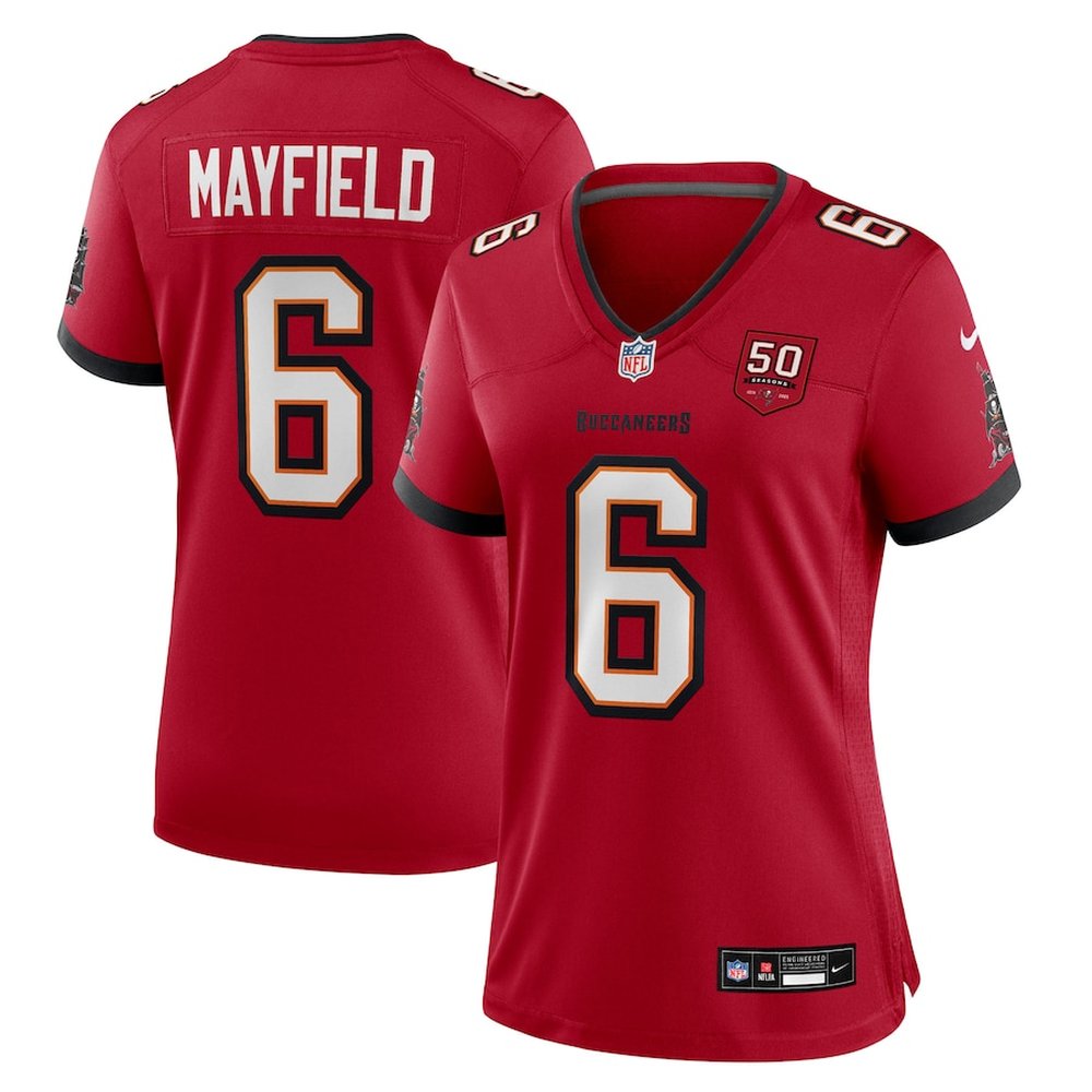 Women's Tampa Bay Buccaneers #6 Baker Mayfield Red 50th Anniversary Game Jersey 