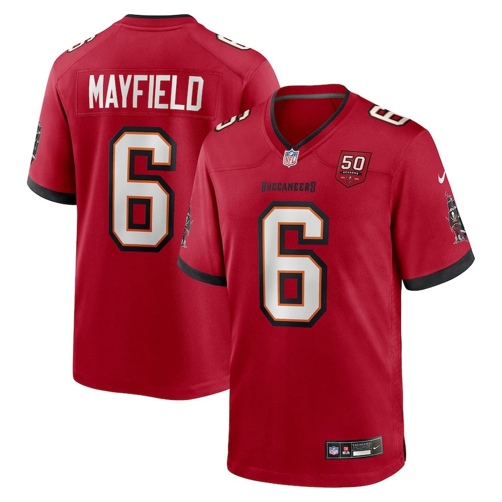 Men's Tampa Bay Buccaneers #6 Baker Mayfield Red 50th Anniversary Game Jersey 