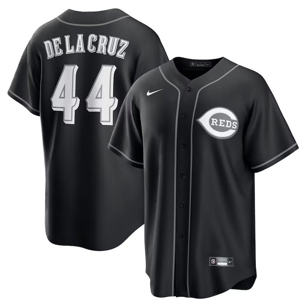 Youth Cincinnati Reds #44 Elly De La Cruz Black Lights Out Replica Player Jersey