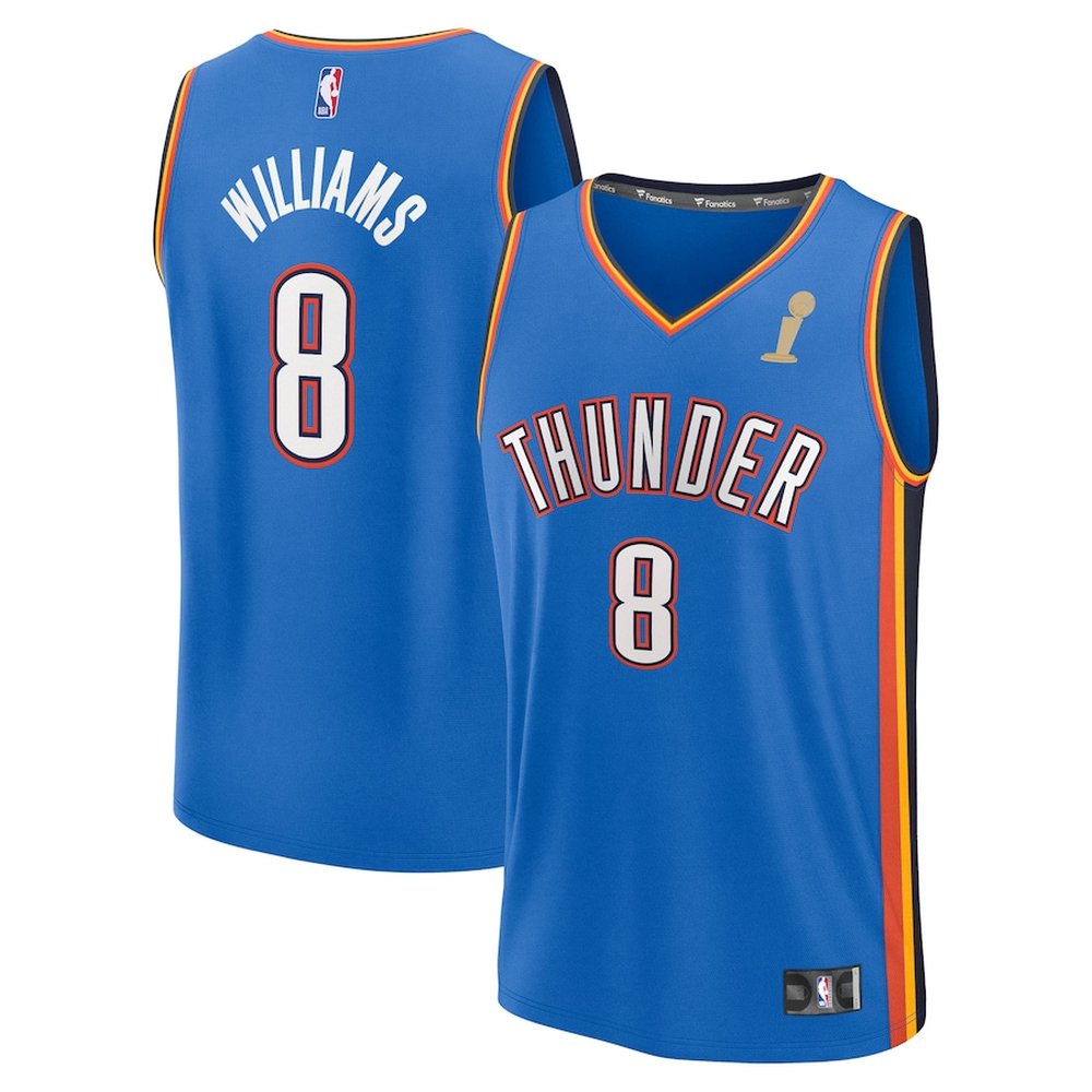 Youth Oklahoma City Thunder #8 Jalen Williams Fanatics Blue 2025 NBA Finals Champions Fast Break Replica Player Icon Edition Jersey