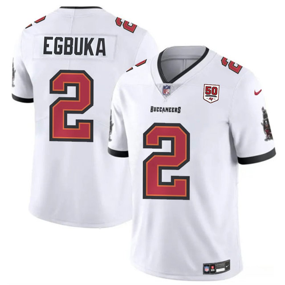 Men's Tampa Bay Buccaneers #2 Emeka Egbuka White 50th Anniversary Patch Vapor Untouchable Limited Stitched Football Jersey 